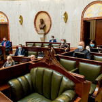 widok sali Sejmu z oddali - w tle w ławach zasiadają radni, na pierwszym planie w ławach zasiadają trzy osoby