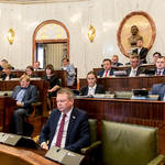 widok sali Sejmu w ławach zasiadają radni