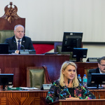 kobieta przemawia na mównicy, w tle Prezydium Sejmiku