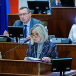 kobieta przemawia na mównicy w tle prezydium Sejmiku