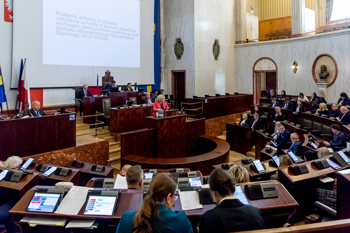 sala Sejmu podczas obrad Sejmiku - widok z oddali w ławach zasiadają ludzie