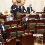 Widok sali Sejmu z oddali w ławach zasiadają radni