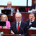 mężczyzna przemawia na mównicy
